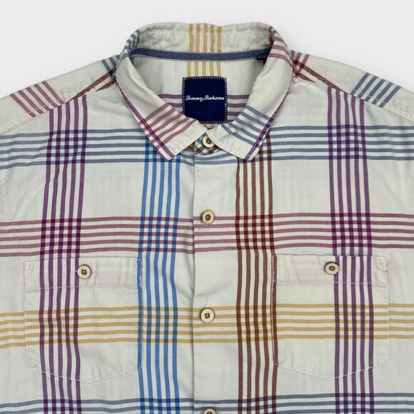Tommy Bahama Shirt Mens Extra Large Silk Check Striped White Island Zone Pockets - Picture 10 of 14
